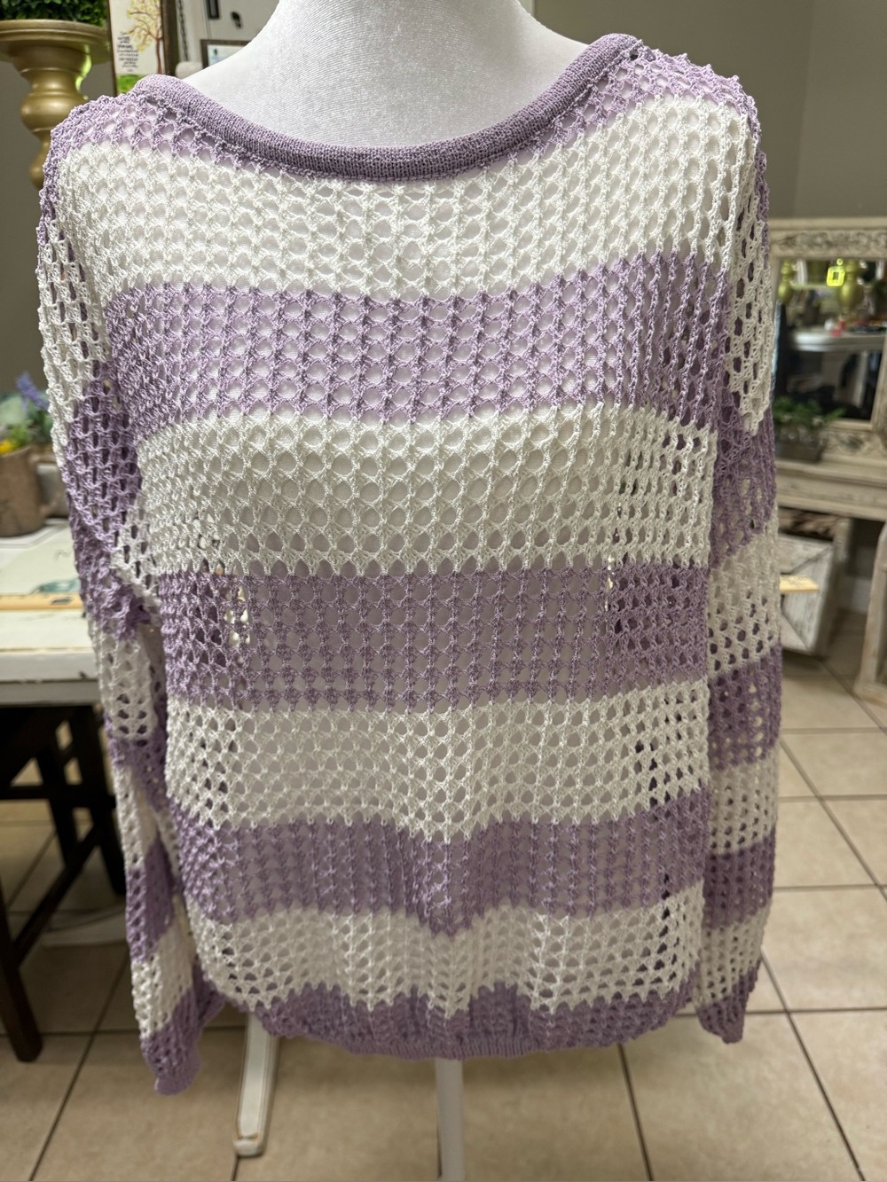 Open Knit Stripe Sweater in Lavender and Cream Small - Picture 2 of 8